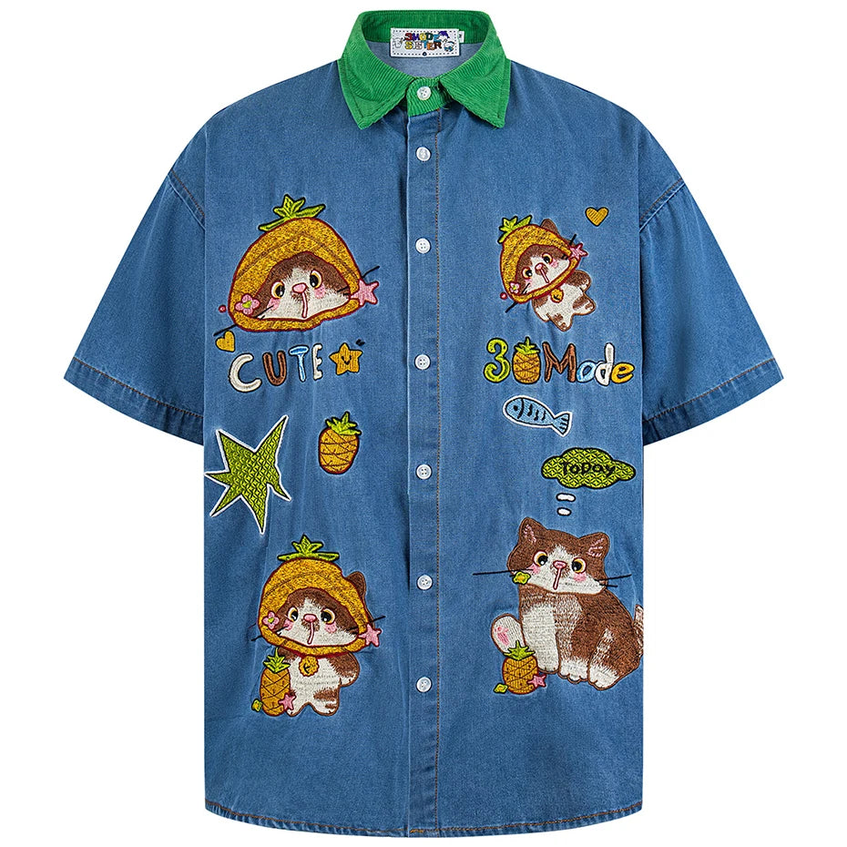 Vintage Cartoon Cat Graphic Denim Loose Shirt — styling shot