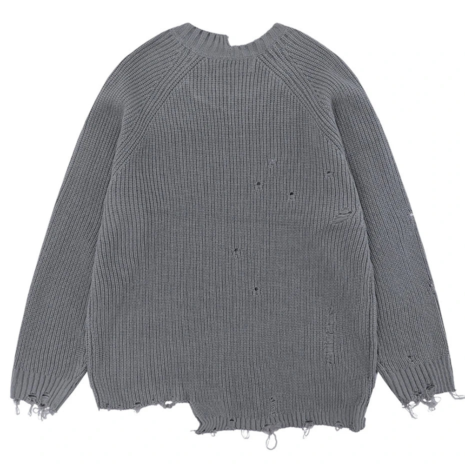 Y2K Black Ripped Knit Loose Sweater — front view