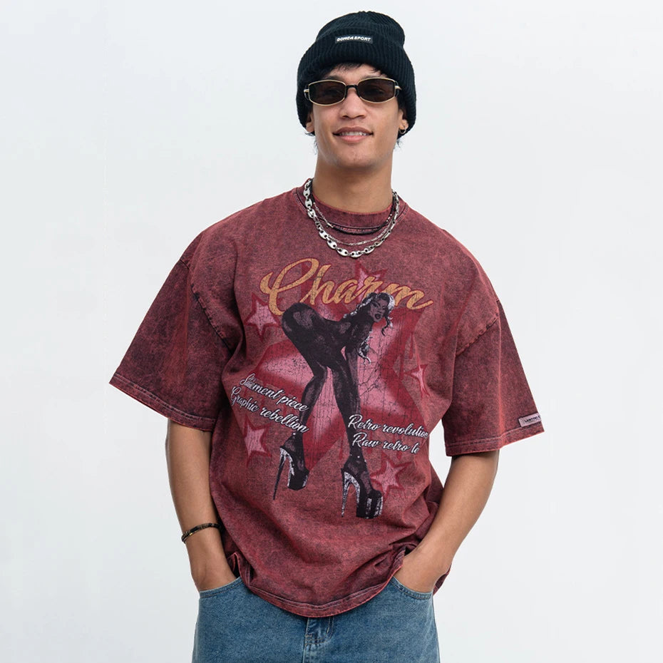 Y2K Hip Hop Graphic Oversized T-Shirt — fabric close-up