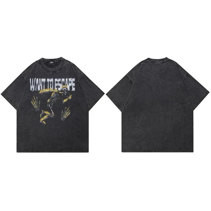 Black Flame Skeleton Washed T-Shirt — fabric close-up