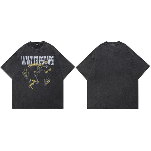 Black Flame Skeleton Washed T-Shirt — fabric close-up