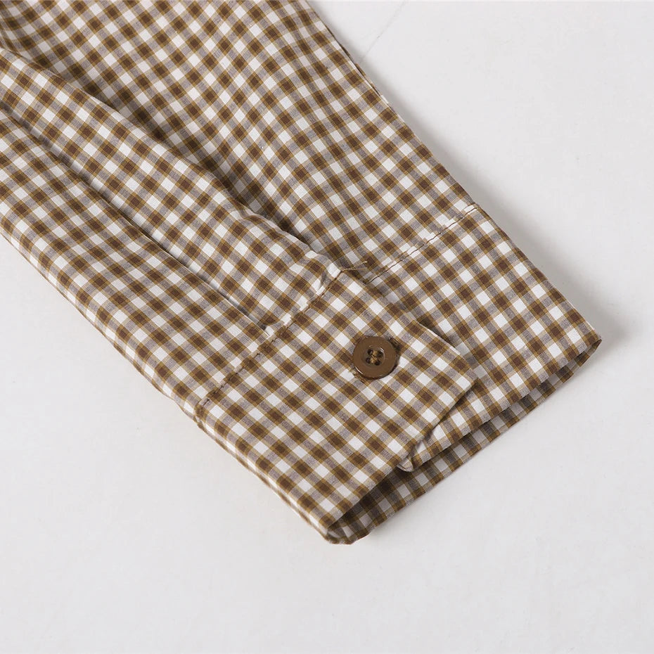 Vintage Cat Plaid Embroidered Shirt — fabric close-up
