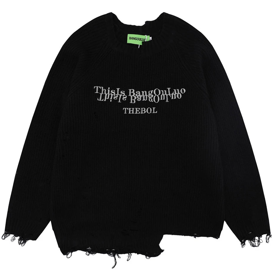 Y2K Black Ripped Knit Loose Sweater — back view