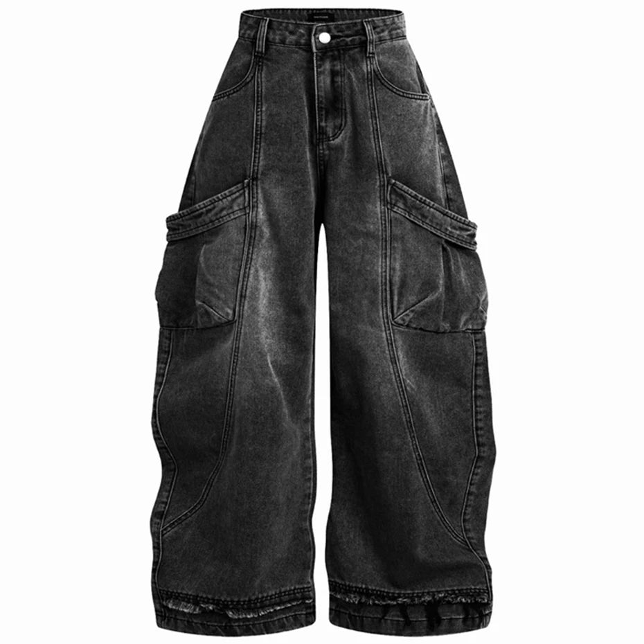 Pocket Vintage Denim Baggy Jeans — back view