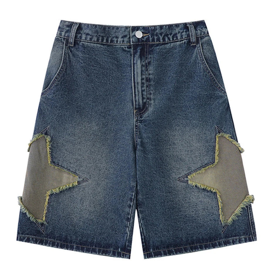 Retro Blue Star Spliced Loose Denim Shorts — styling shot