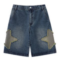 Retro Blue Star Spliced Loose Denim Shorts — styling shot