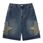 Retro Blue Star Spliced Loose Denim Shorts — styling shot