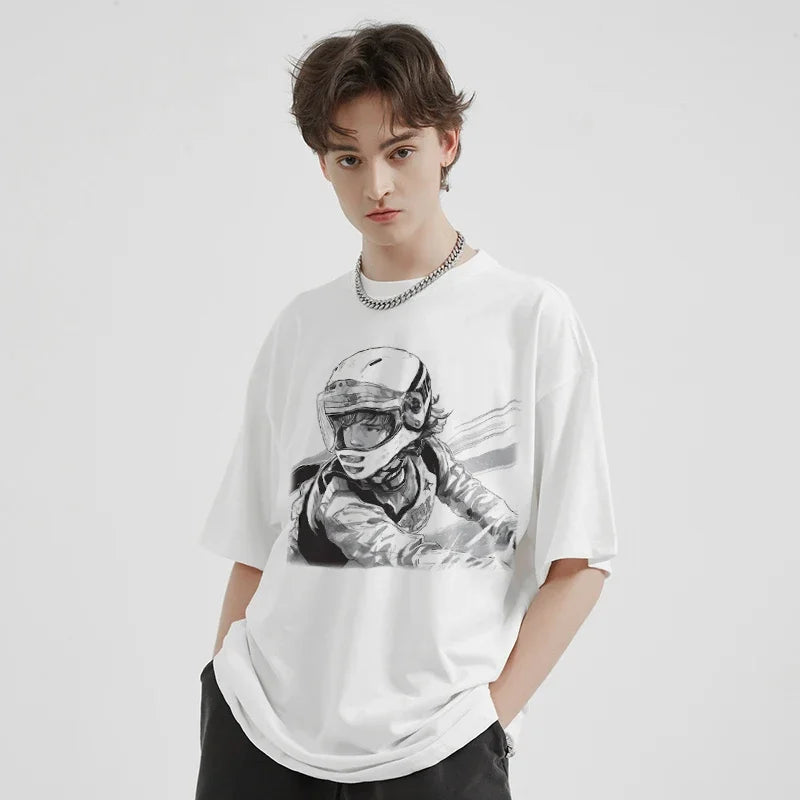 Moto White Anime Cartoon Graphic T-Shirt — front view