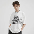 Moto White Anime Cartoon Graphic T-Shirt — front view