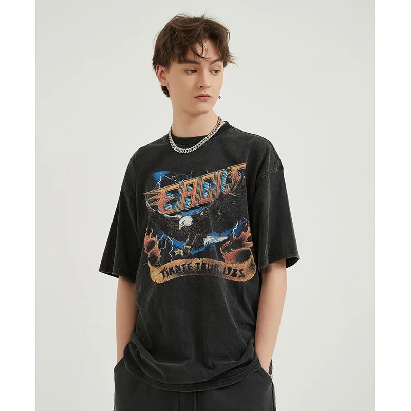 Vintage Black Lightning Eagle Graphic Oversized T-Shirt — detail shot