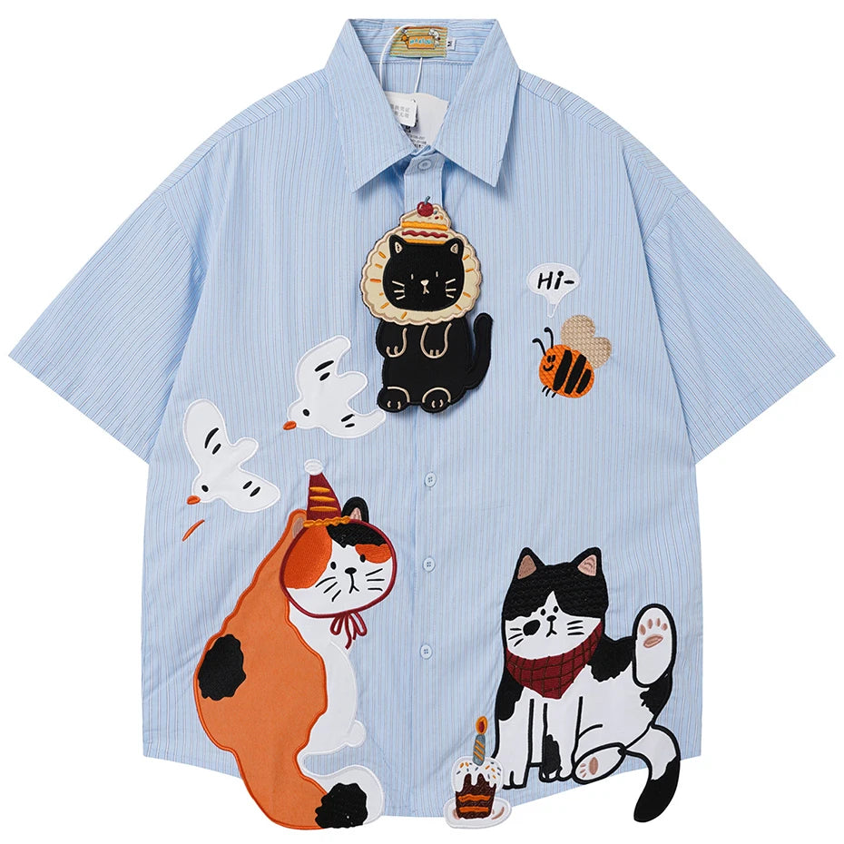 Button Cat Embroidered Loose Shirt — back view
