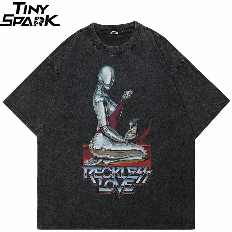 Retro Black Robot Washed T-Shirt — front view