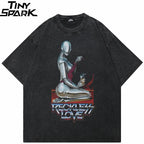 Retro Black Robot Washed T-Shirt — front view