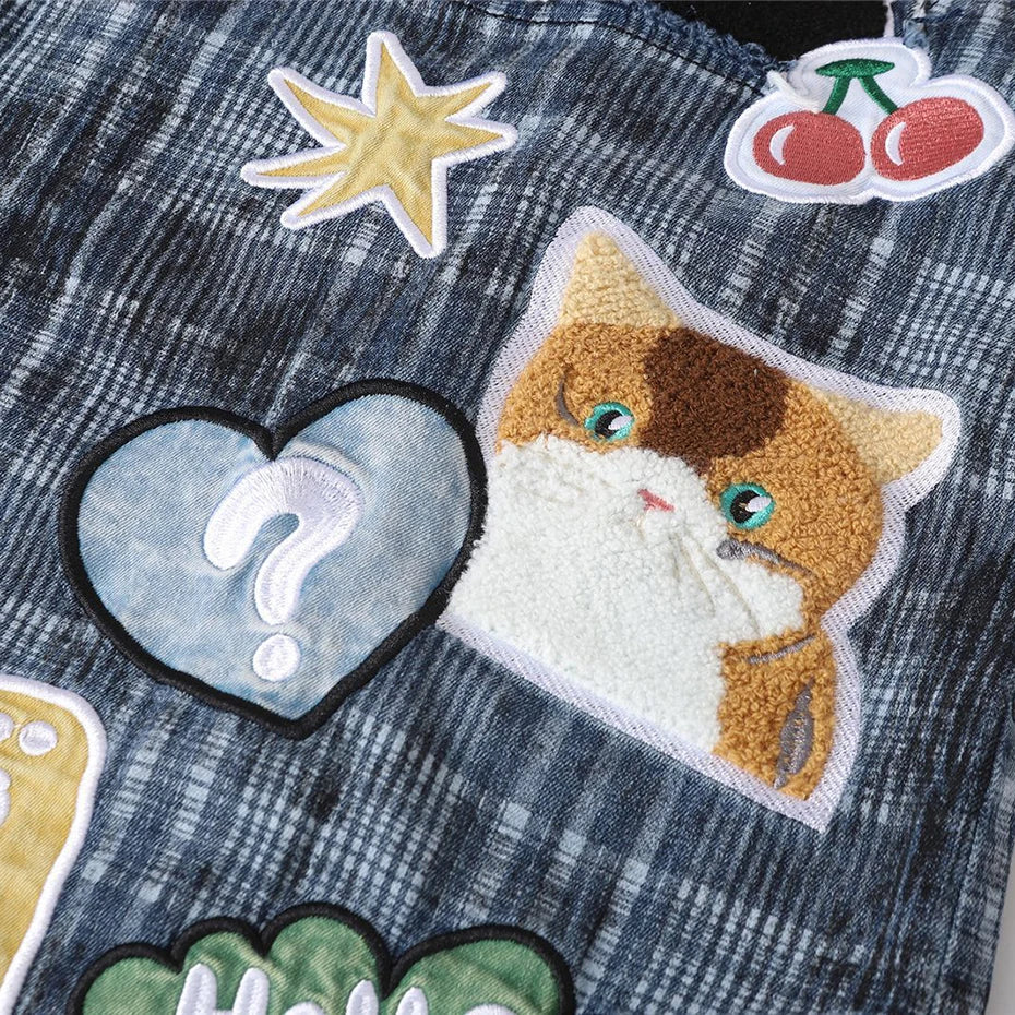 Y2K Vintage Cat Embroidered Denim Loose Shirt — detail shot