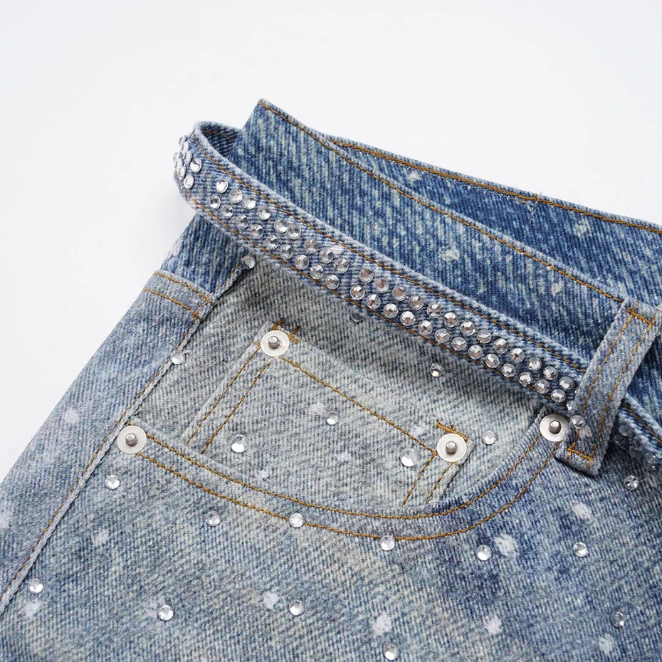 Vintage Blue Rhinestone Denim Baggy Jeans — fit shot