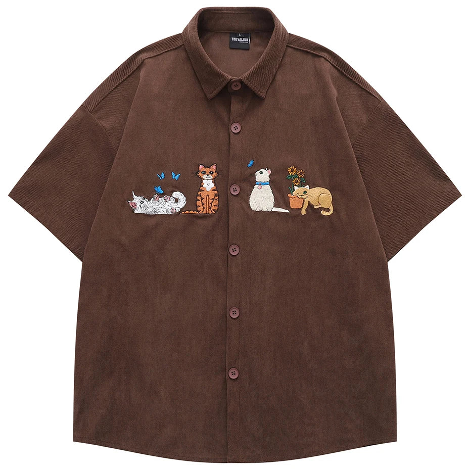 Vintage Cat Embroidered Corduroy Loose Shirt — styling shot