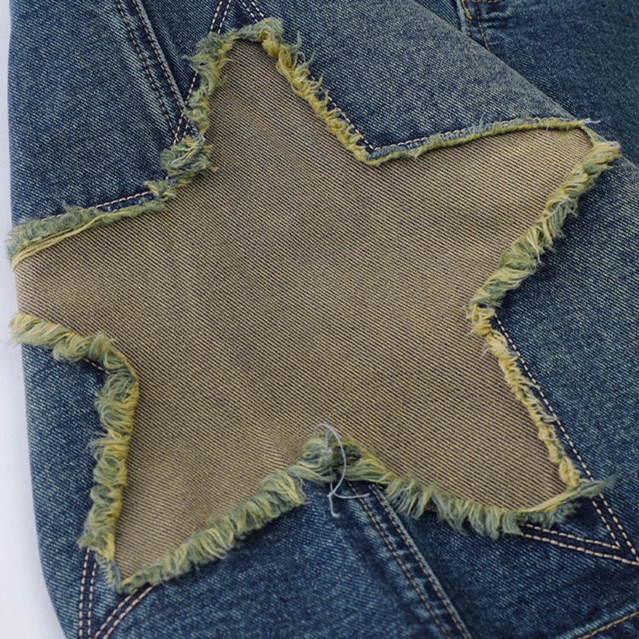 Retro Blue Star Spliced Loose Denim Shorts — fit shot