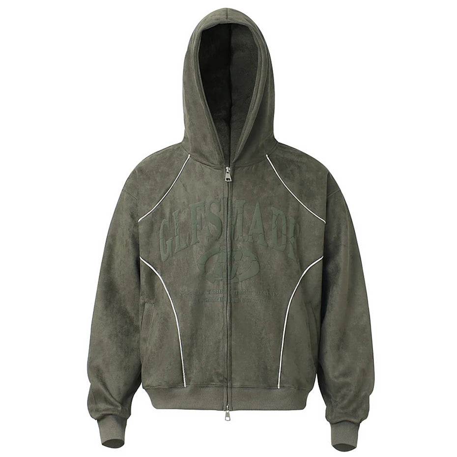 Vintage Zip Suede Oversized Hoodie — back view