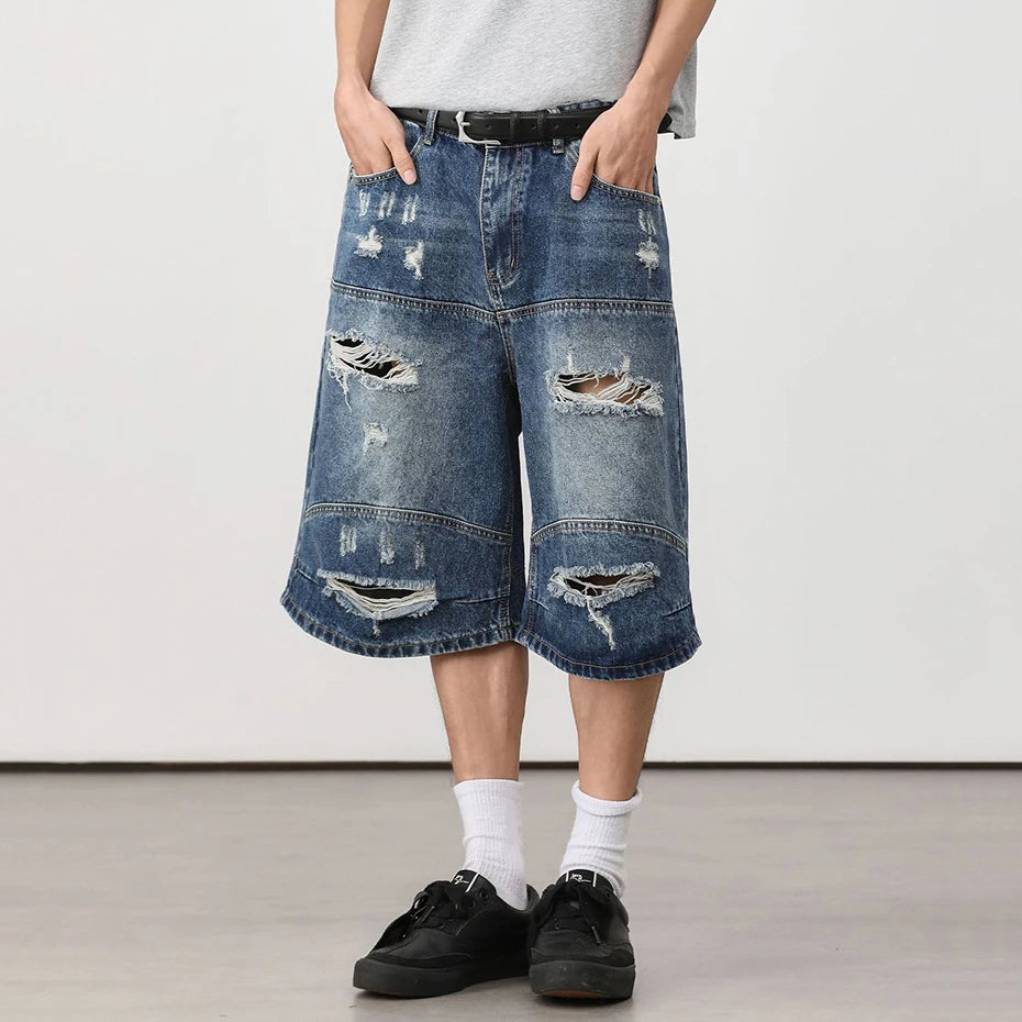 Jeans Vintage Blue Ripped Loose Denim Shorts — back view