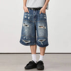 Jeans Vintage Blue Ripped Loose Denim Shorts — back view
