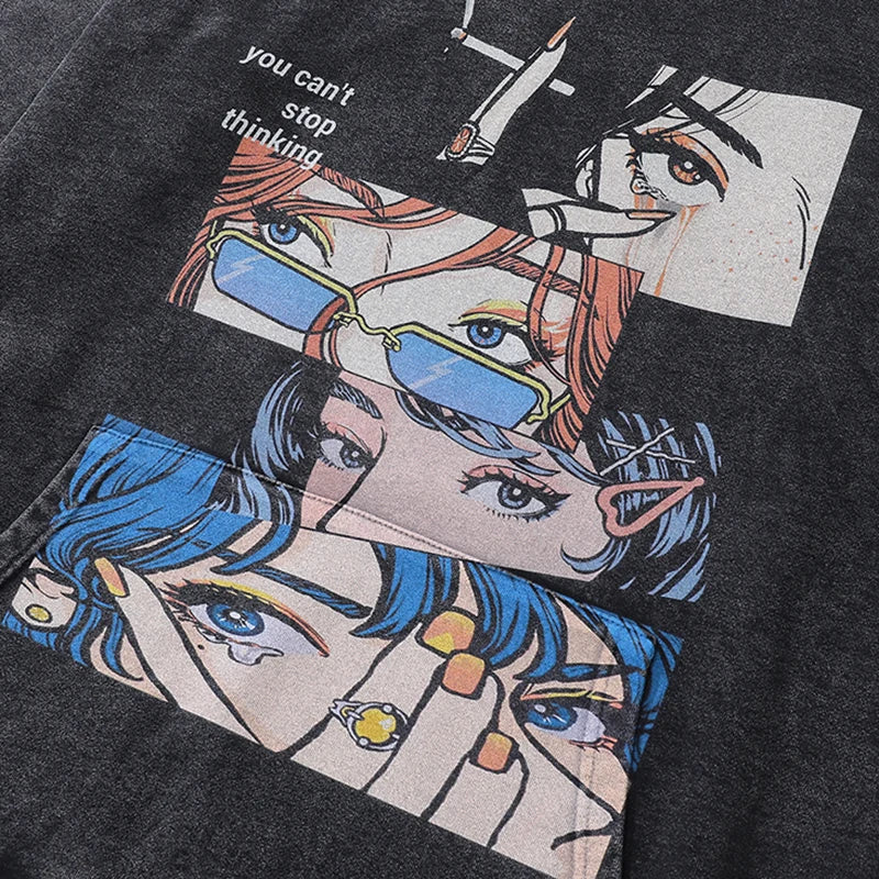 Black Cartoon Anime Graphic Oversized Hoodie — detail shot