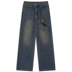 Y2K Blue Spider Print Denim Baggy Jeans — fit shot