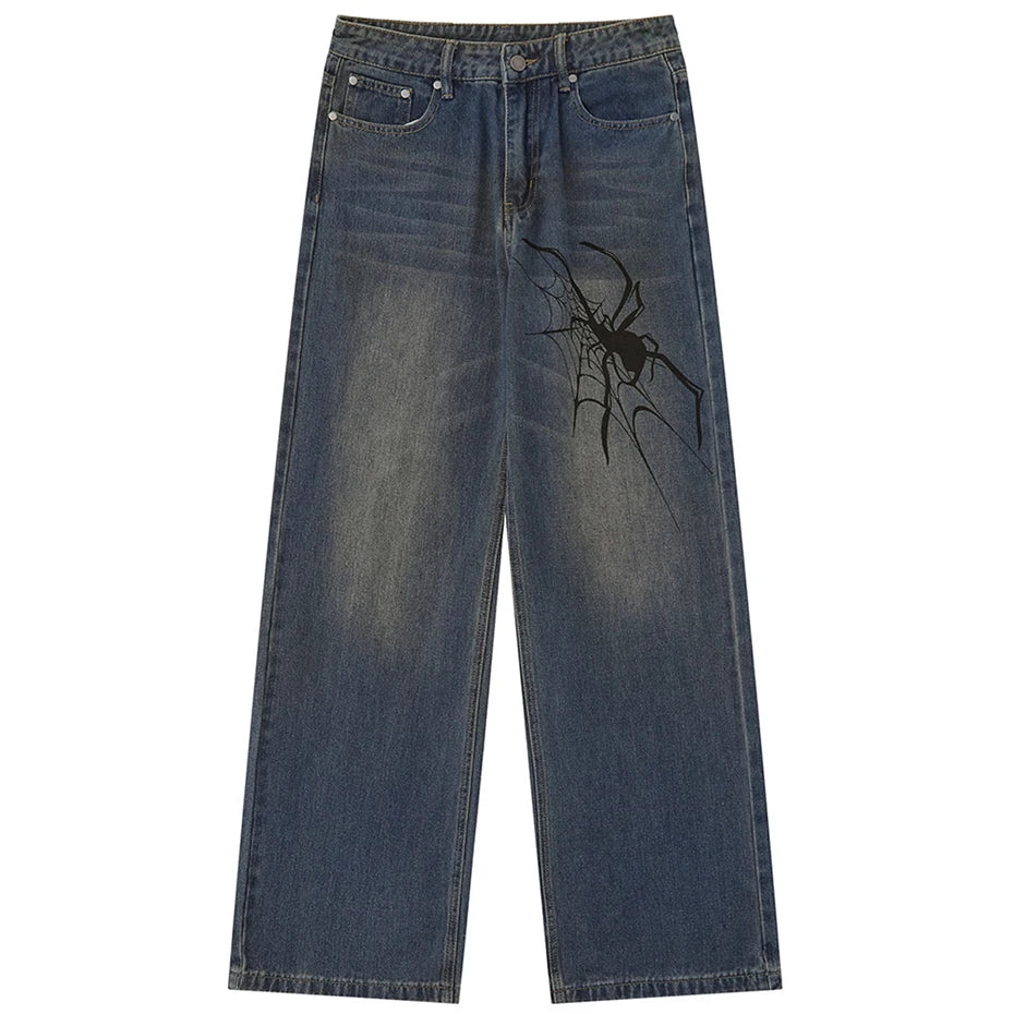 Y2K Blue Spider Print Denim Baggy Jeans — fit shot