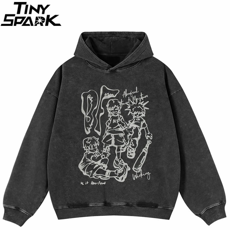Black Anime Cartoon Graphic Oversized Hoodie — front view