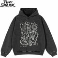 Black Anime Cartoon Graphic Oversized Hoodie — front view