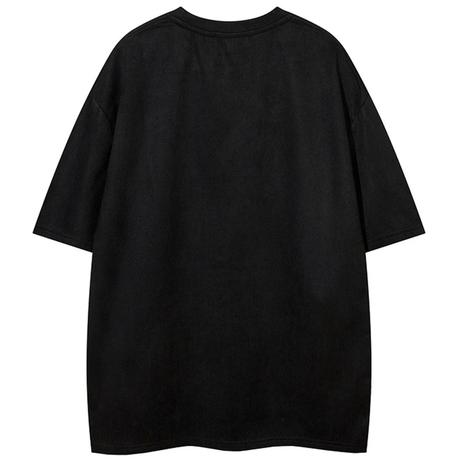 Vintage Skeleton Graphic Suede Loose T-Shirt — front view