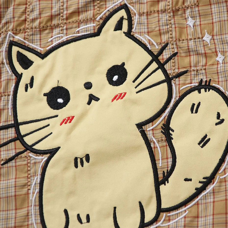 Vintage Cat Plaid Graphic Loose Shirt — fit shot