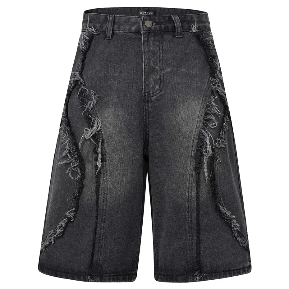 Vintage Patchwork Loose Denim Shorts — back view