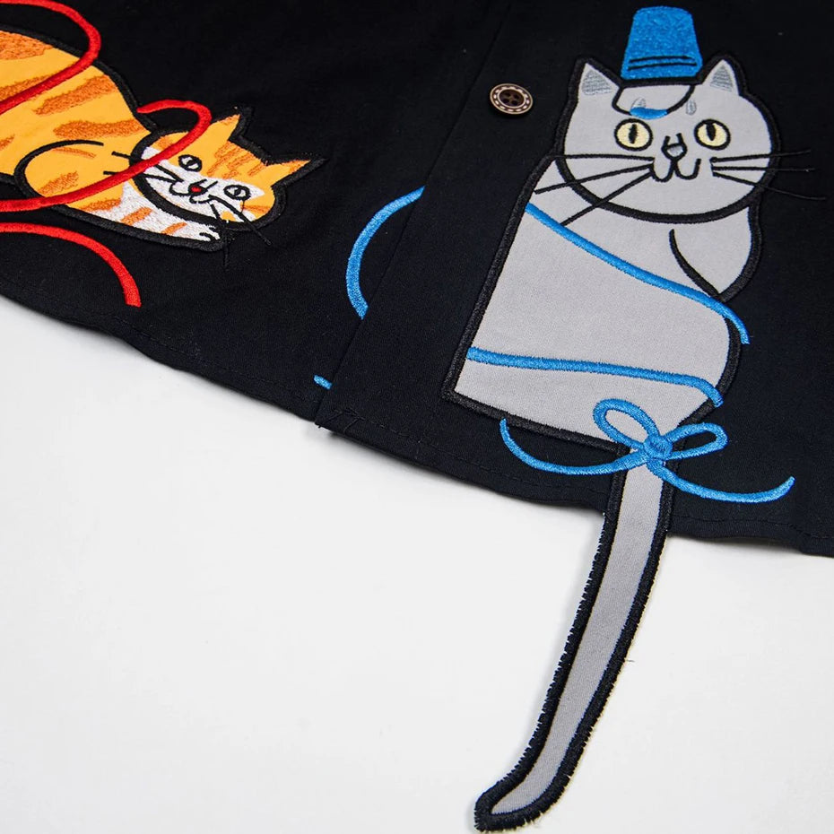 Cat Embroidered Loose Shirt — fabric close-up