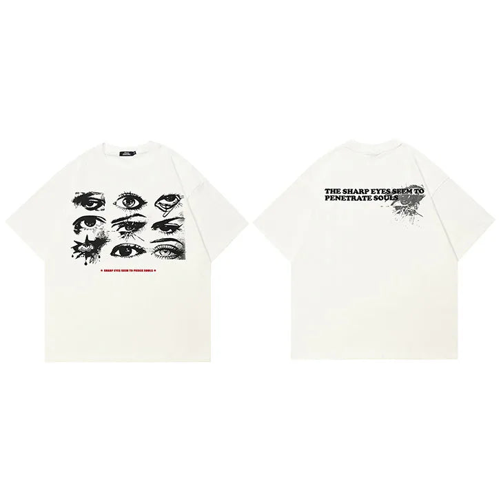 White Eyes Print T-Shirt — fabric close-up