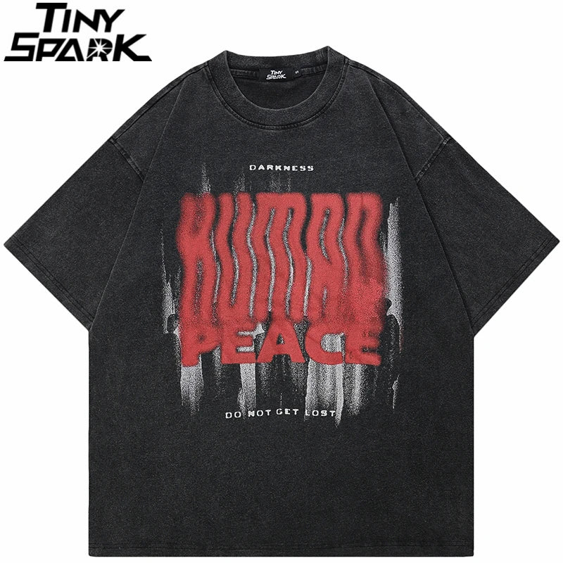 Retro Black Human Shadow Letter Washed T-Shirt — front view