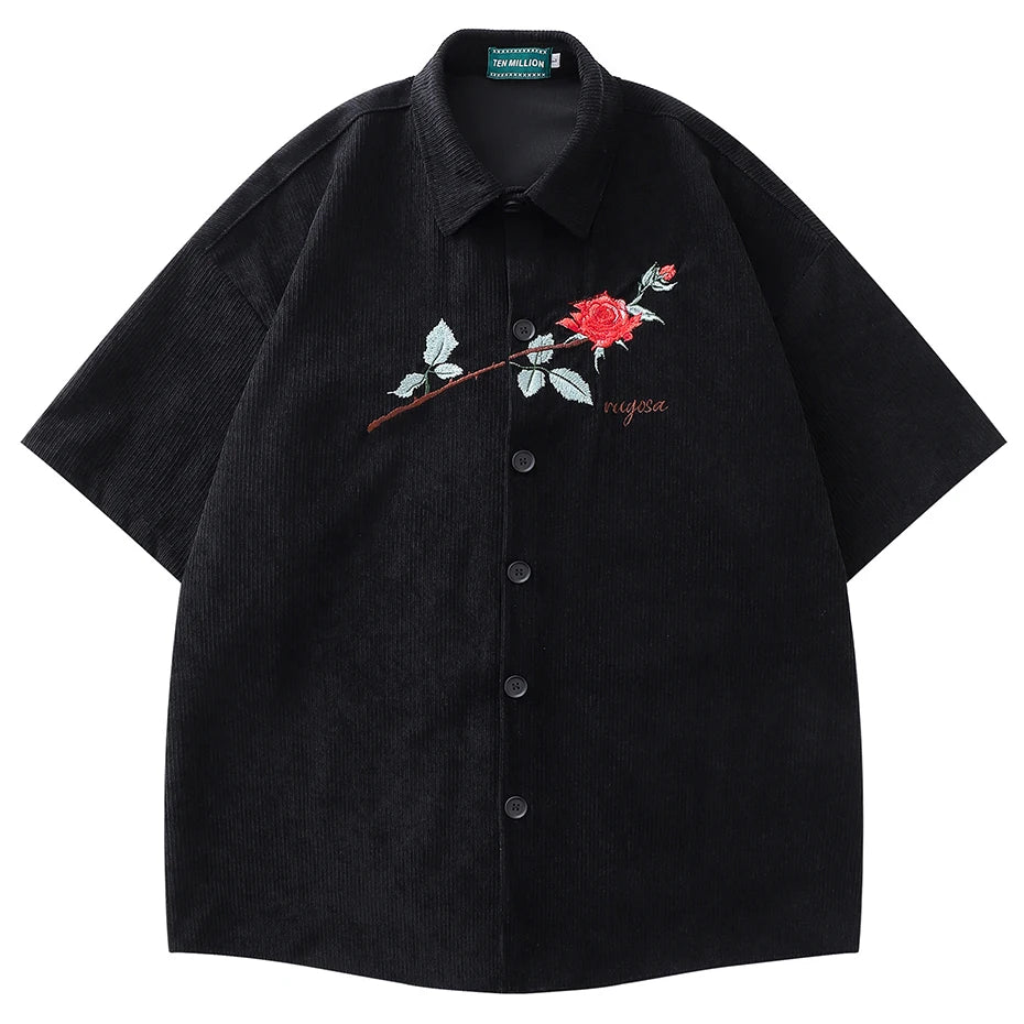 Vintage Rose Embroidered Corduroy Loose Shirt — back view