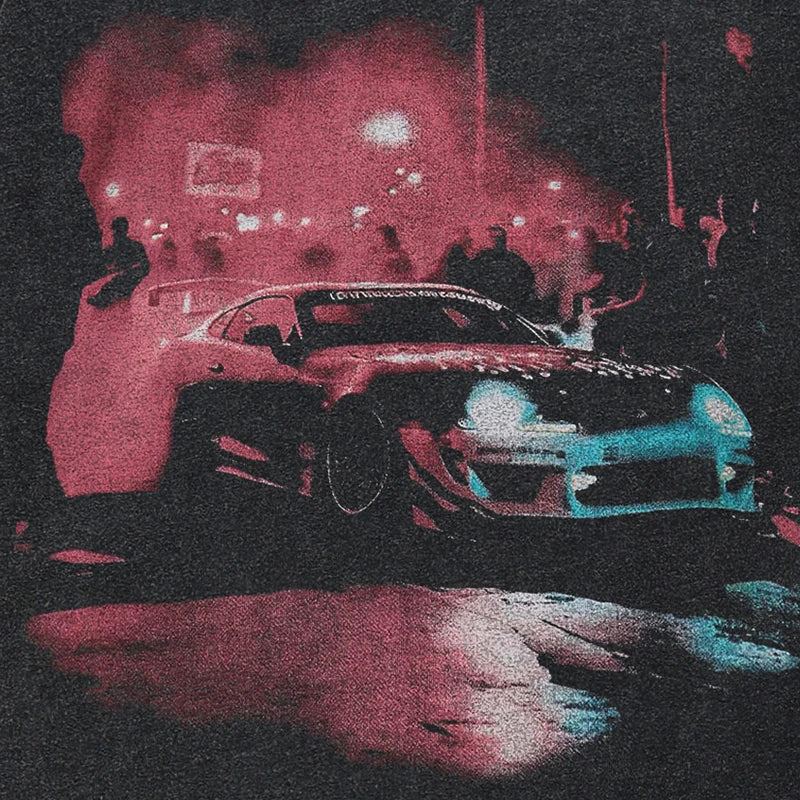 Vintage Retro Black Racing Car Washed T-Shirt — back view