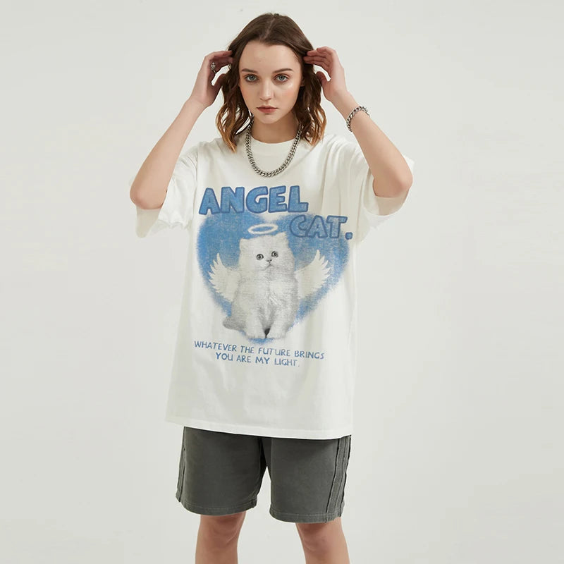 White Baby Angel Cat Graphic T-Shirt — back view