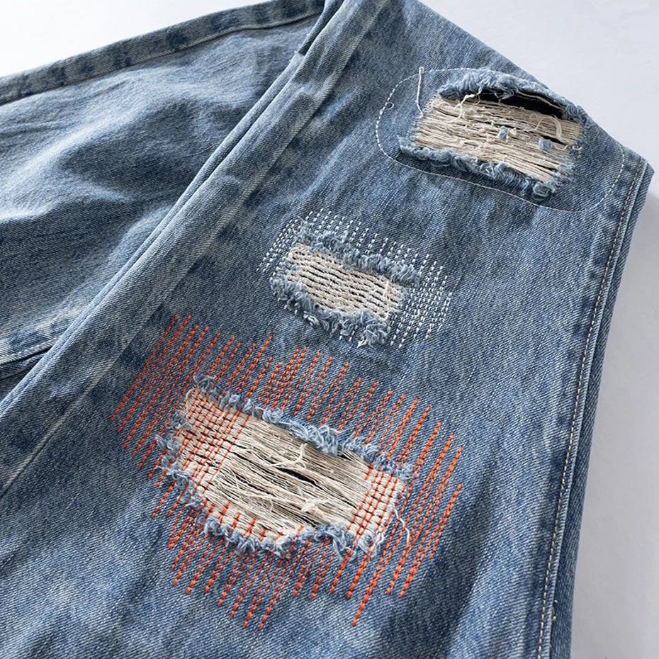Red Denim Flare Ripped Jeans — fit shot