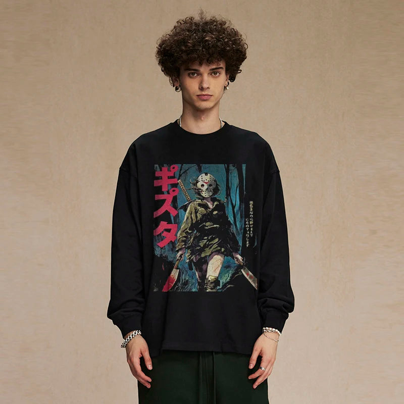 Black Anime Cartoon Graphic Long Sleeve Tee — front view