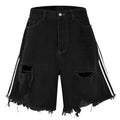 Black Striped Ripped Loose Denim Shorts — fabric close-up