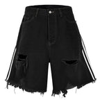 Black Striped Ripped Loose Denim Shorts — fabric close-up