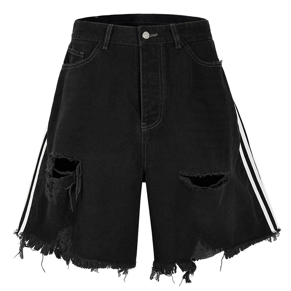 Black Striped Ripped Loose Denim Shorts — fabric close-up