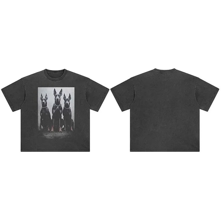 Graphic Retro Black Doberman Dog Washed T-Shirt — fabric close-up