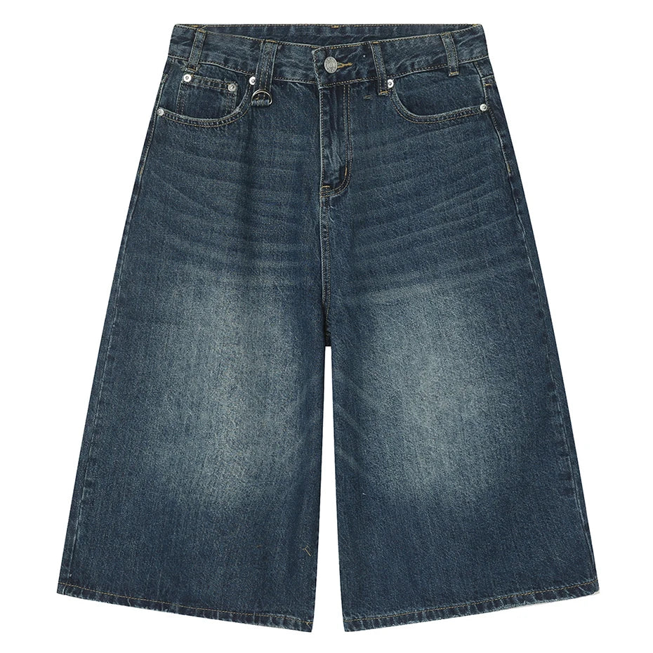Wide Vintage Blue Loose Denim Shorts — front view
