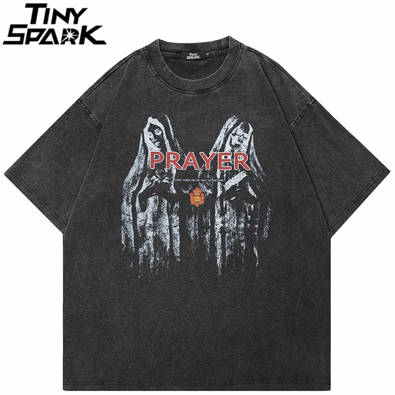 Prayer Retro Black Washed T-Shirt — front view