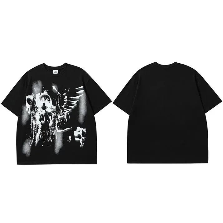Y2K Black Anime Cartoon Graphic T-Shirt — side view