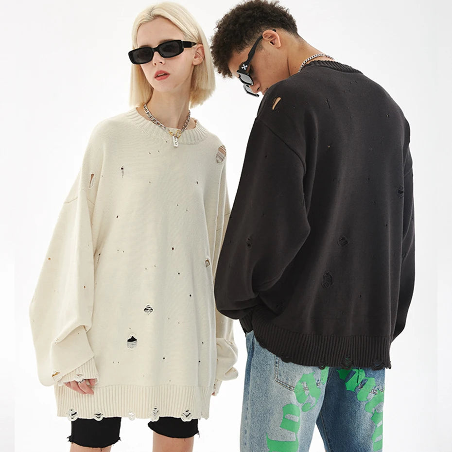 Y2K Black Ripped Knit Sweater — fabric close-up