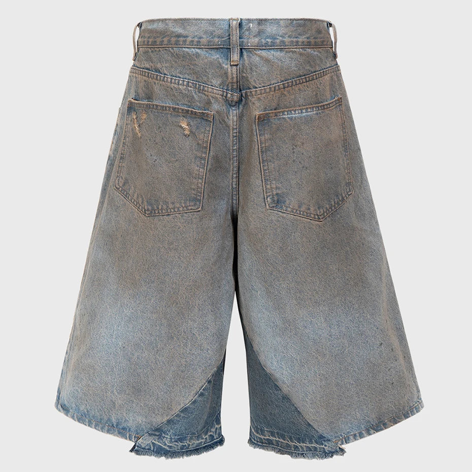Fake Vintage Blue Ripped Wide Leg Denim Shorts — detail shot