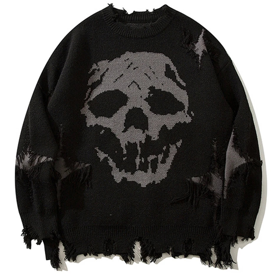 Goth Black Skull Ripped Knit Oversized Sweater — styling shot